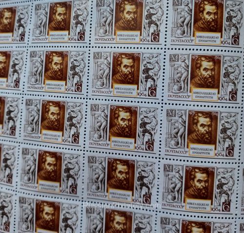 1964 Sc 3058 Full sheet. Portrait of Italian sculptor Michelangelo. Scott 2985 1964 Sc 3058 Full sheet. Portrait of Italian sculptor Michelangelo. Scott 2985