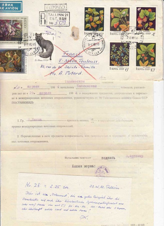 1982 Tallinn to France. Philatelic Exchange. Customs Forfeiture 1982 Tallinn to France. Philatelic Exchange. Customs Forfeiture